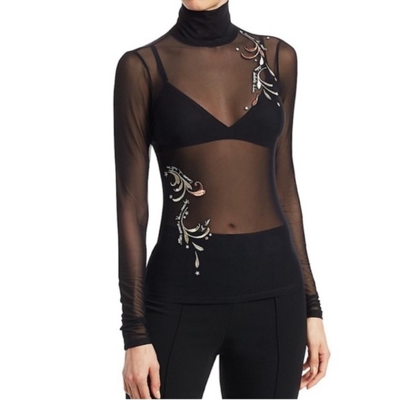 NEW Cinq a Sept Mesh Sheer Black Embroidered Top Turtleneck - Size S - Picture 1 of 11
